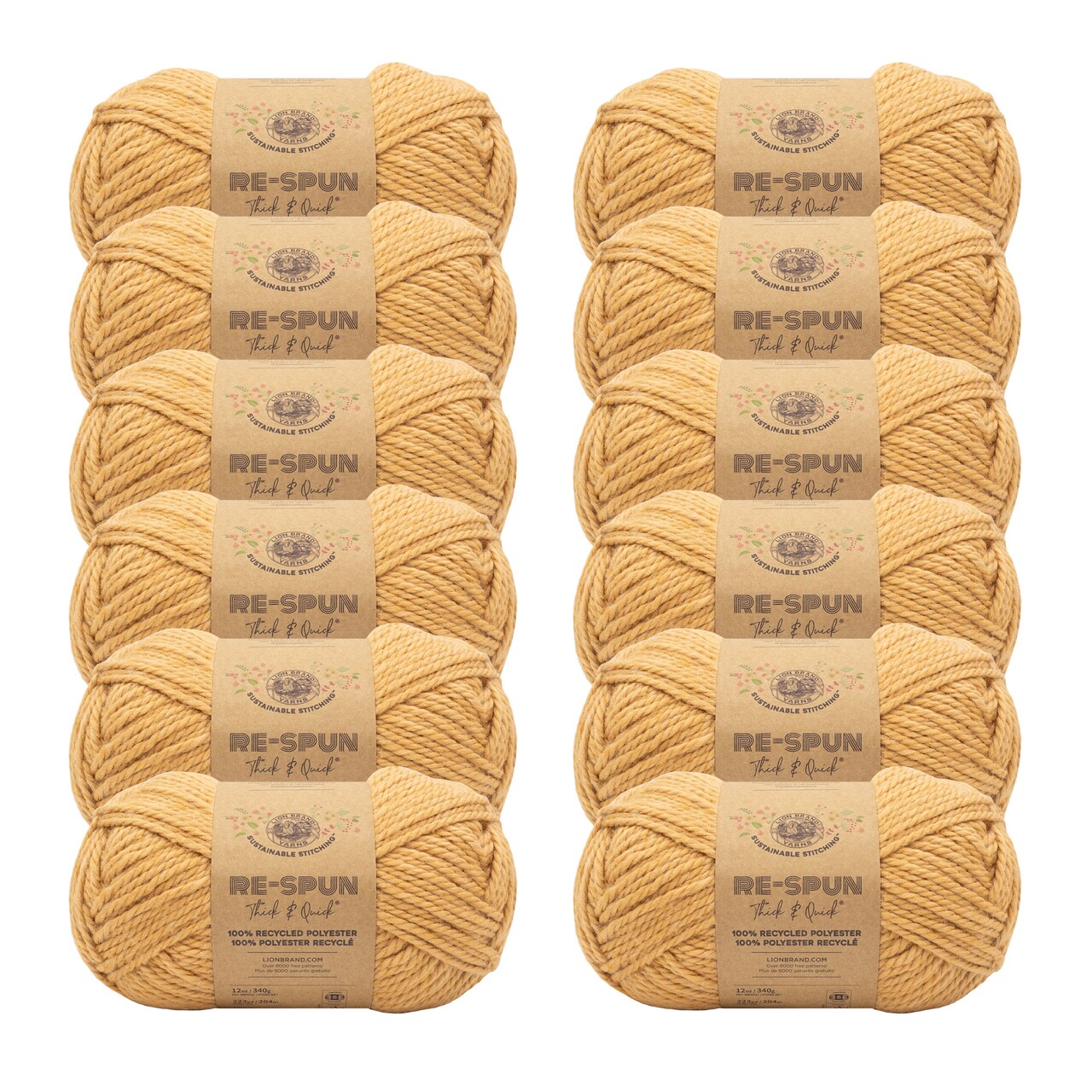 Lion Brand Yarn Re-Spun Thick & Quick Squash Super Bulky Recycled Polyester Yellow Yarn 12 Pack